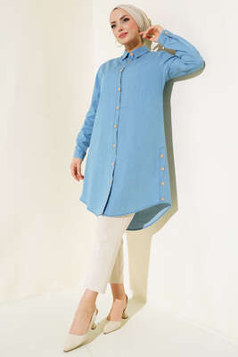 Yan Düğmeli Kot Mavisi Tunik - Thumbnail