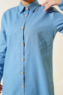 Yan Düğmeli Kot Mavisi Tunik - Thumbnail