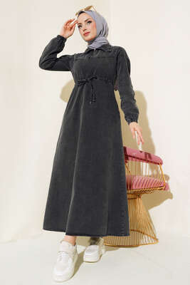 Yarım Fermuarlı Tünelli Kot Elbise Füme - Thumbnail