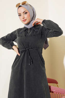 Yarım Fermuarlı Tünelli Kot Elbise Füme - Thumbnail