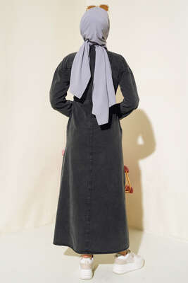 Yarım Fermuarlı Tünelli Kot Elbise Füme - Thumbnail