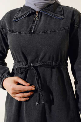 Yarım Fermuarlı Tünelli Kot Elbise Füme - Thumbnail