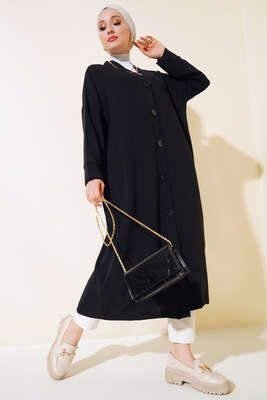 Düğmeli Uzun Salaş Hırka Siyah - Thumbnail