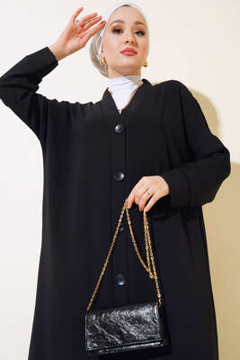 Düğmeli Uzun Salaş Hırka Siyah - Thumbnail