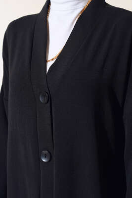 Düğmeli Uzun Salaş Hırka Siyah - Thumbnail