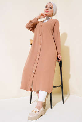 Düğmeli Uzun Salaş Hırka Latte - Thumbnail