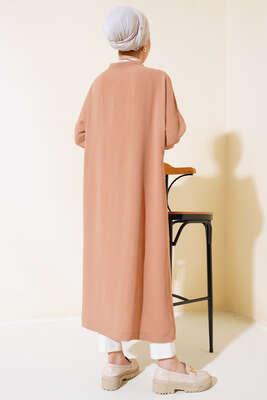 Düğmeli Uzun Salaş Hırka Latte - Thumbnail