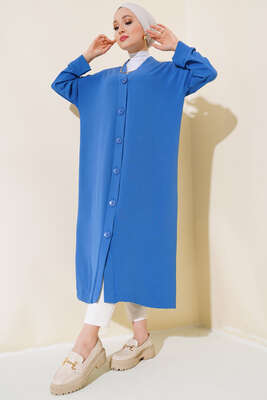 Düğmeli Uzun Salaş Hırka İndigo - Thumbnail