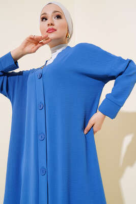 Düğmeli Uzun Salaş Hırka İndigo - Thumbnail