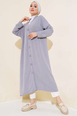 Düğmeli Uzun Salaş Hırka Gri - Thumbnail