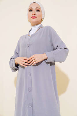 Düğmeli Uzun Salaş Hırka Gri - Thumbnail