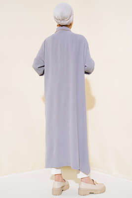 Düğmeli Uzun Salaş Hırka Gri - Thumbnail