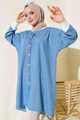 Yaka Ribanalı Kot Tunik Kot Mavisi - Thumbnail