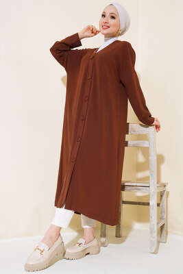 Düğmeli Uzun Salaş Hırka Kahve - Thumbnail