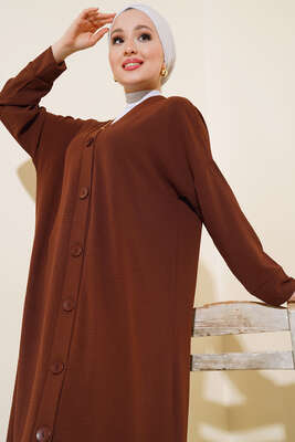 Düğmeli Uzun Salaş Hırka Kahve - Thumbnail