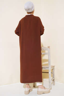 Düğmeli Uzun Salaş Hırka Kahve - Thumbnail