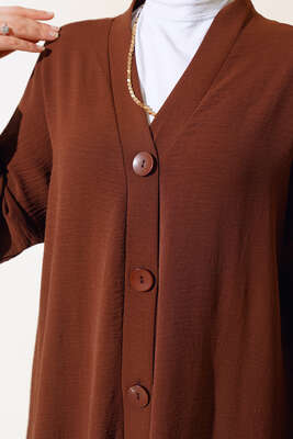 Düğmeli Uzun Salaş Hırka Kahve - Thumbnail