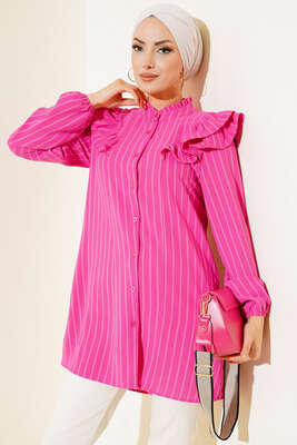 Pazarium - Omuzları Fırfırlı Çizgili Tunik Fuşya