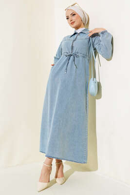 Fermuarlı Gömlek Yaka Kot Elbise Kot Mavisi - Thumbnail