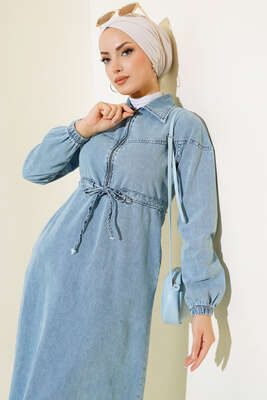 Fermuarlı Gömlek Yaka Kot Elbise Kot Mavisi - Thumbnail