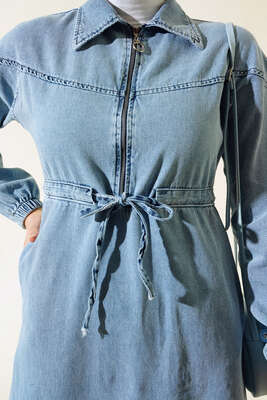 Fermuarlı Gömlek Yaka Kot Elbise Kot Mavisi - Thumbnail