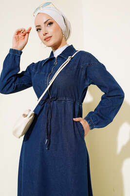 Fermuarlı Gömlek Yaka Kot Elbise Kot - Thumbnail