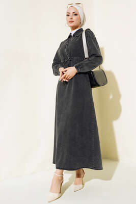 Fermuarlı Gömlek Yaka Kot Elbise Füme - Thumbnail