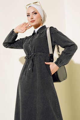 Fermuarlı Gömlek Yaka Kot Elbise Füme - Thumbnail