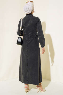 Fermuarlı Gömlek Yaka Kot Elbise Füme - Thumbnail