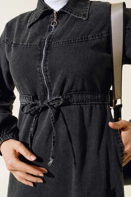 Fermuarlı Gömlek Yaka Kot Elbise Füme - Thumbnail