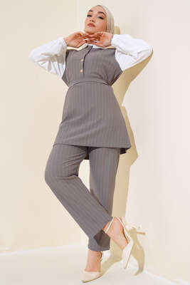 Garnili Çizgili İkili Takım Gri - Thumbnail