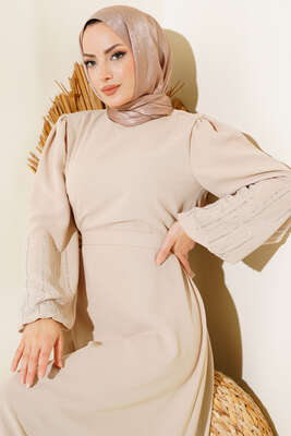 Kolu Taşlı Kuşaklı Elbise Bej - Thumbnail