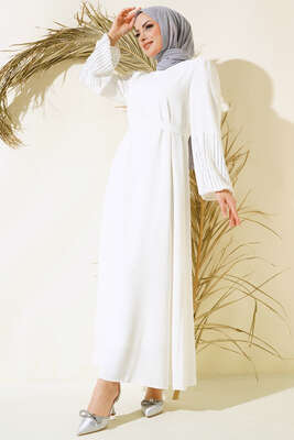 Pazarium - Kolu Taşlı Kuşaklı Elbise Ekru