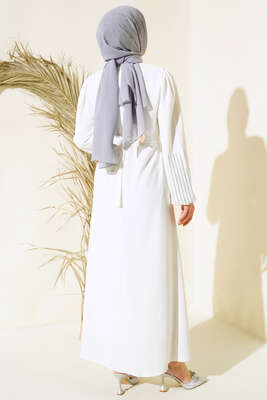 Kolu Taşlı Kuşaklı Elbise Ekru - Thumbnail