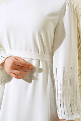 Kolu Taşlı Kuşaklı Elbise Ekru - Thumbnail