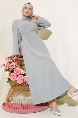 Kolu Taşlı Kuşaklı Elbise Gri - Thumbnail