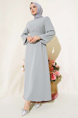 Kolu Taşlı Kuşaklı Elbise Gri - Thumbnail