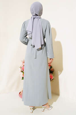 Kolu Taşlı Kuşaklı Elbise Gri - Thumbnail