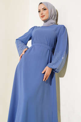 Kolu Taşlı Kuşaklı Elbise İndigo - Thumbnail