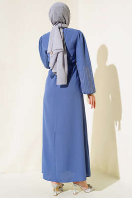 Kolu Taşlı Kuşaklı Elbise İndigo - Thumbnail