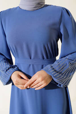 Kolu Taşlı Kuşaklı Elbise İndigo - Thumbnail