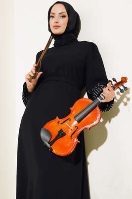 Kolu Taşlı Kuşaklı Elbise Siyah - Thumbnail