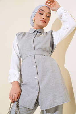 Belden Kuşaklı Garnili İkili Takım Gri - Thumbnail