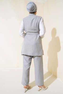 Belden Kuşaklı Garnili İkili Takım Gri - Thumbnail