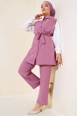 Belden Kuşaklı Garnili İkili Takım Gül Kurusu - Thumbnail