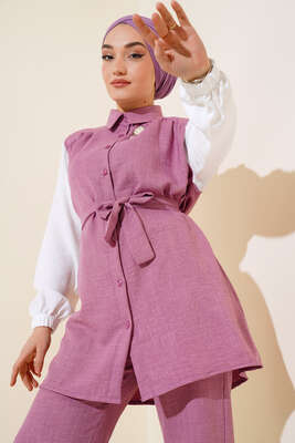 Belden Kuşaklı Garnili İkili Takım Gül Kurusu - Thumbnail