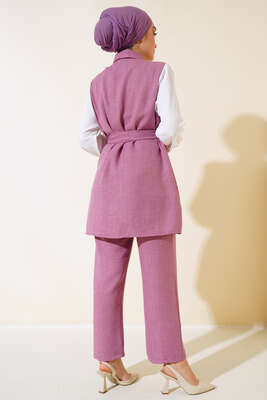 Belden Kuşaklı Garnili İkili Takım Gül Kurusu - Thumbnail