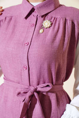 Belden Kuşaklı Garnili İkili Takım Gül Kurusu - Thumbnail