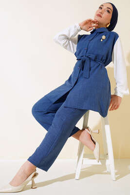 Belden Kuşaklı Garnili İkili Takım İndigo - Thumbnail