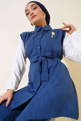 Belden Kuşaklı Garnili İkili Takım İndigo - Thumbnail